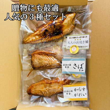 贈物にも最適、焼き鯖、醤油干しの三種セット